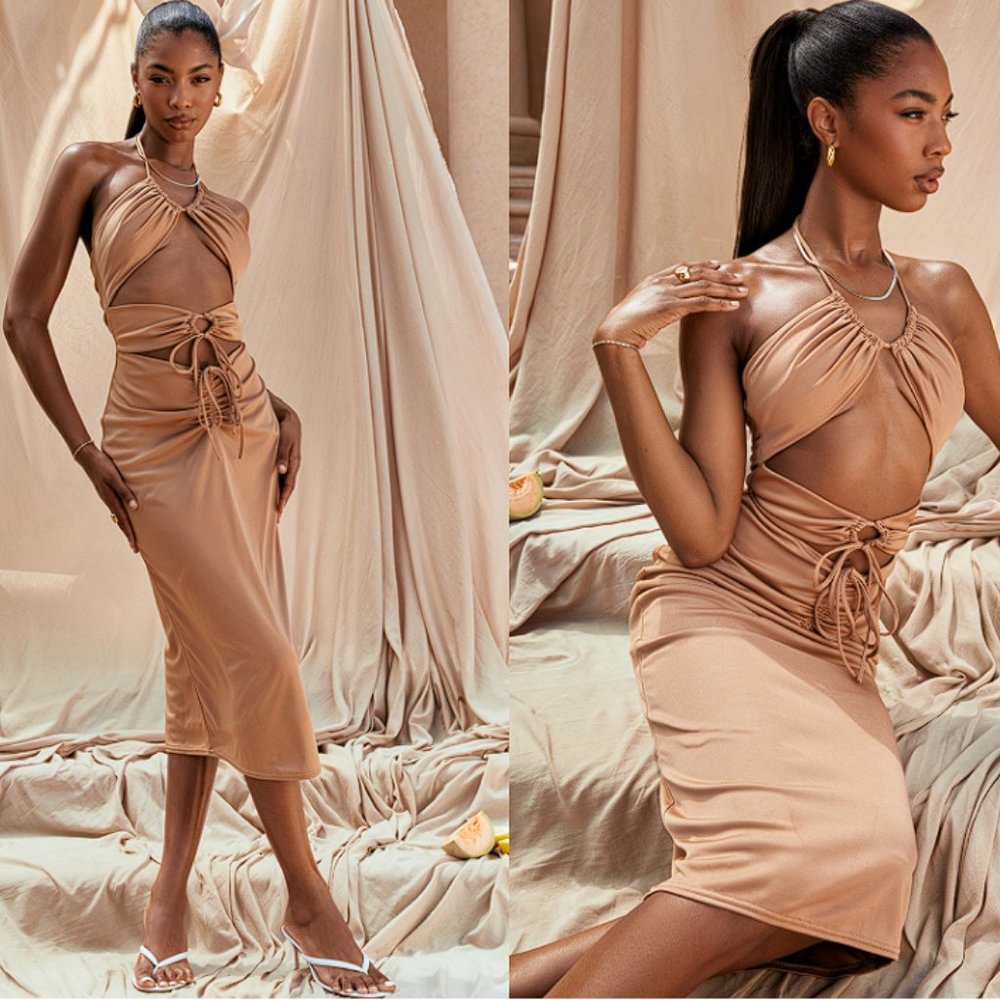 HOUSE OF CB 'Kasia' Caramel Cutout Midi Dress NWOT